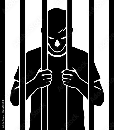 Man behind bars in prison vector illustration. Monochrome silhouette of a prisoner holding jail bars. Concept of justice, punishment, confinement, and loss of freedom.