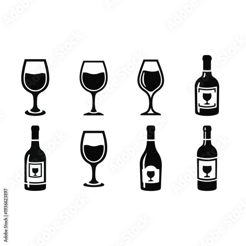 Wine bottles and glasses icons set.