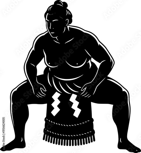 Vector silhouette of a Japanese sumo wrestler in a traditional squatting stance. Concept of strength, martial arts, tradition, and power.