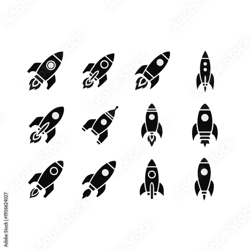 Collection of Black Rocket Ship Icons.