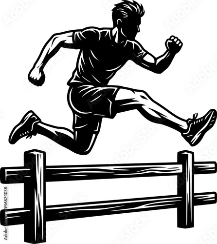 Black and white vector illustration of a male athlete jumping over a hurdle. Concept of overcoming obstacles, challenge, success, and resilience.