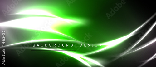 Abstract green light streaks form dynamic background. Smooth curves, glowing lines create modern visual effect. Dark areas emphasize brightness.