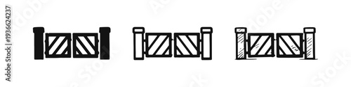 Gate icon set in three styles: solid, outline, and hand-drawn. Farm or garden entrance symbol.