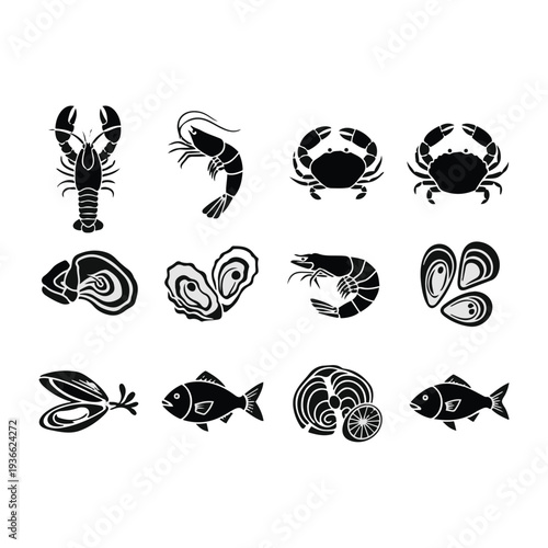 Black and white seafood icons set.