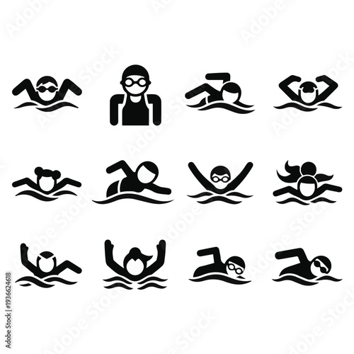 Black swimming icons on white background.