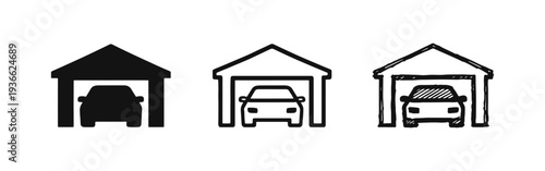 Garage with car icon set: solid, outline, and hand-drawn styles. Vehicle storage and parking symbol.