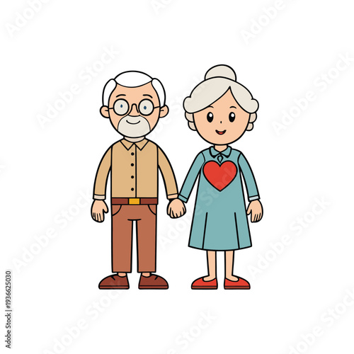 Elderly couple holding hands, wearing heart symbol, World Heart Day