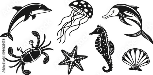 A collection of stylized, black and white illustrations of various marine animals and objects are presented against a stark white background. The subjects, including a dolphin leaping, a fish with spo