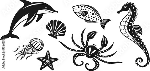A collection of stylized, black and white illustrations of various marine animals and objects are presented against a stark white background. The subjects, including a dolphin leaping, a fish with spo