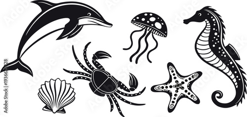 A collection of stylized, black and white illustrations of various marine animals and objects are presented against a stark white background. The subjects, including a dolphin leaping, a fish with spo