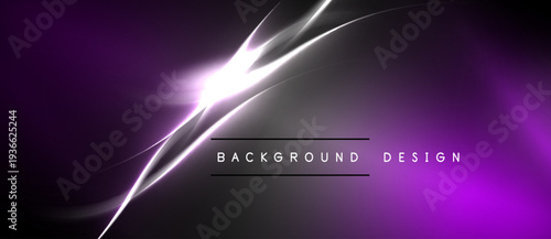 Abstract purple design features bright light streaks. Gradient background creates dynamic visual effect. Modern, sleek presentation.