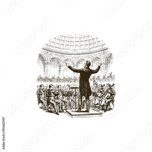 Vintage engraving illustration of a classical music conductor leading a symphony orchestra in a grand hall with arched architecture.