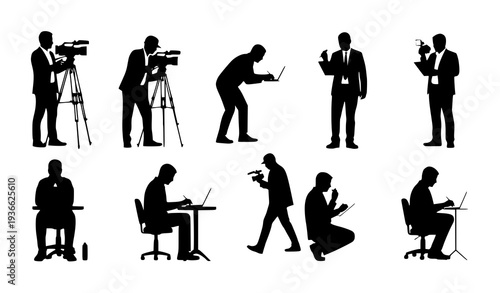 10 Professional Journalist Silhouettes Vector Set with Action and Reporting Tools
