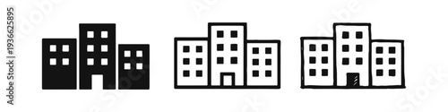 City Buildings Icon Set Representing Urban Development and Skyline in Multiple Styles on White Background.