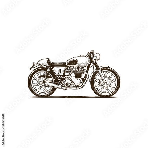 Vintage cafe racer motorcycle illustration in engraving style isolated on white background.