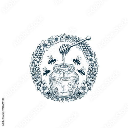 Vintage engraving illustration of a honey jar with a dipper, surrounded by flying bees, honeycombs, and a floral wreath, isolated on white background.