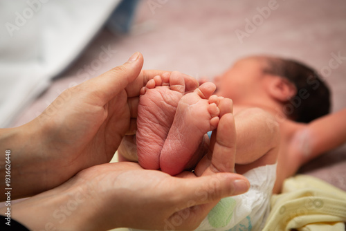 Baby feets in mother's hands