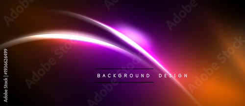 Abstract background features vibrant curves, gradients. Purple, orange hues dominate dark space. Text reads background design.