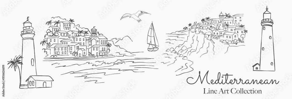 Obraz premium Mediterranean Seaside Landscape Set – Coastal Village, Lighthouse and Sailboat Line Art Illustration for Wedding, Save the Date Card Template
