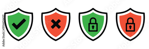 Security shield icons set featuring padlock, check mark, and access approval or denial symbols, perfect for online security