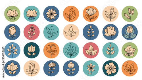 Large set of twenty eight circular floral icons with hand drawn botanical illustrations on colorful round backgrounds for social media.