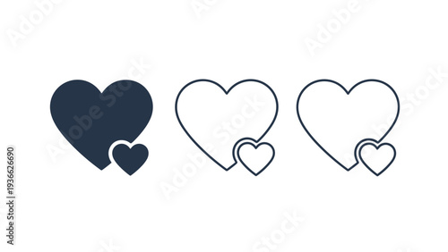 Set of three heart icons featuring two overlapping hearts in solid and outline styles for romantic web and app design.
