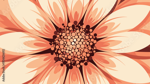 Abstract close-up view of a blooming flower center featuring intricate circular patterns in warm peach and soft orange tones for background.