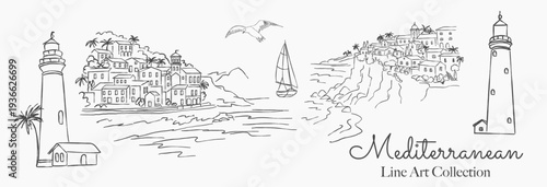 Mediterranean Seaside Landscape Set – Coastal Village, Lighthouse and Sailboat Line Art Illustration for Wedding, Save the Date Card Template