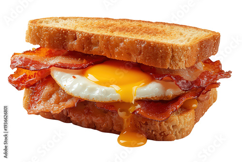Bacon egg and toast sandwich with a runny fried egg yolk dripping and crispy bacon, delicious breakfast food concept on transparent background