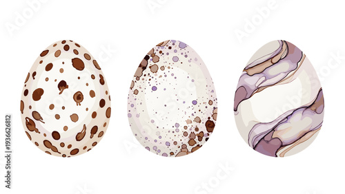 Set of three decorative easter eggs featuring different artistic patterns like brown spots and purple marble swirls.