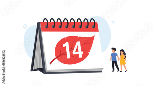 Desk calendar displaying the date 14 with a red leaf alongside a small couple walking for autumn season concept.