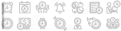 Time icons. Timers. Schedule. Planer. Clock. Hourglass. Stopwatch. Editable stroke. Vector illustration