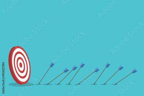Business Strategy Target Concept with Arrows Missing Bullseye – Goal Achievement, Marketing Performance, Planning, Failure Analysis and Growth Flat Vector Illustration	