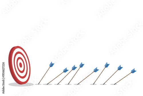 Business Strategy Target Concept with Arrows Missing Bullseye – Goal Achievement, Marketing Performance, Planning, Failure Analysis and Growth Flat Vector Illustration	