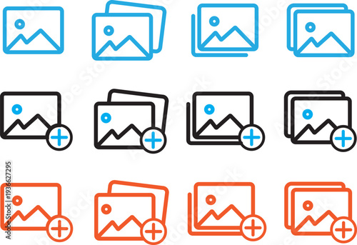 Add image icon set, professional upload photo and media gallery symbols, minimalist vector. digital photography and file upload symbols, professional web design and content editor illustration.
