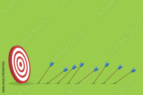Business Strategy Target Concept with Arrows Missing Bullseye – Goal Achievement, Marketing Performance, Planning, Failure Analysis and Growth Flat Vector Illustration	