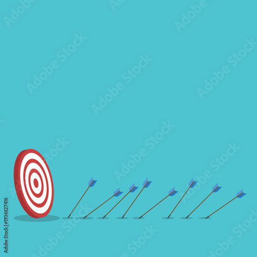 Business Strategy Target Concept with Arrows Missing Bullseye – Goal Achievement, Marketing Performance, Planning, Failure Analysis and Growth Flat Vector Illustration	