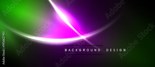 Abstract background features vibrant green, purple, white curves. Dark space dominates composition. Text reads background design.