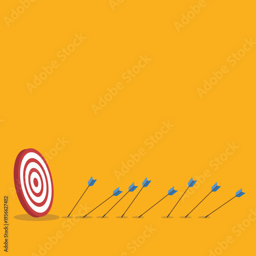 Business Strategy Target Concept with Arrows Missing Bullseye – Goal Achievement, Marketing Performance, Planning, Failure Analysis and Growth Flat Vector Illustration	