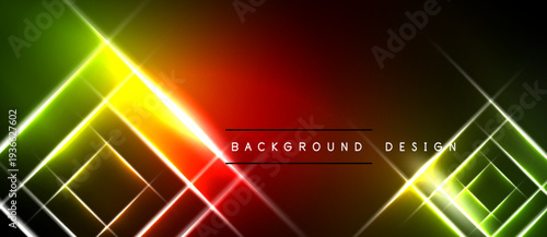 Vibrant neon lines create abstract geometric pattern. Gradient transitions from green to red dominate composition. Dark background enhances luminosity.