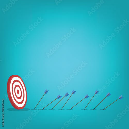 Business Strategy Target Concept with Arrows Missing Bullseye – Goal Achievement, Marketing Performance, Planning, Failure Analysis and Growth Flat Vector Illustration	