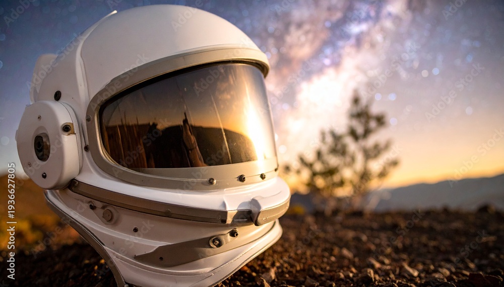 Fototapeta premium Astronaut Helmet on Rocky Terrain Reflecting a Distant Figure and Galaxy.