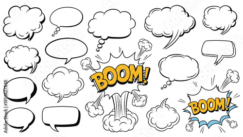 Collection of classic comic book style speech bubbles and explosive word clouds with boom sound effects in black and white outlines.