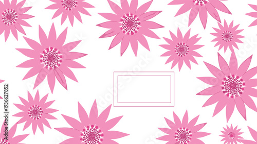 Bright pink floral pattern with many stylized sun-like flowers and a rectangular blank label in the center for text or message placement.