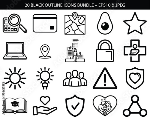 A collection of black and white linear icons representing various concepts like search location and health