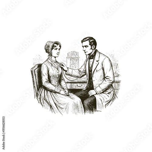 Vintage doctor examining a female patient with a stethoscope, woodcut engraving style illustration.