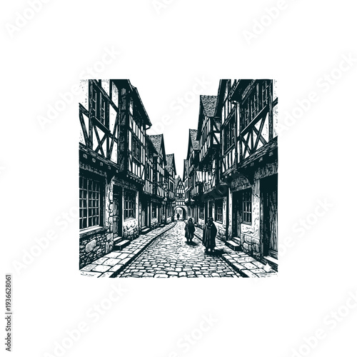Vintage medieval street with timber-framed houses and cobblestone road, black and white woodcut engraving style illustration.