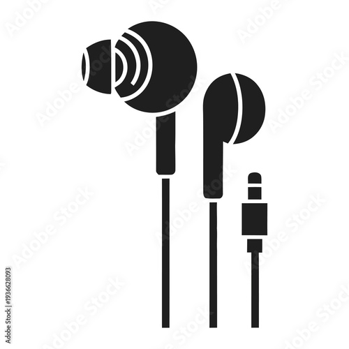 Black and white illustration of wired earbuds with cable and jack  electronic device icon