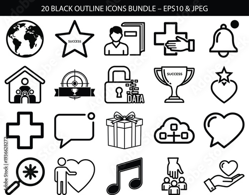 A collection of diverse black and white line icons representing global concepts and achievements high quality