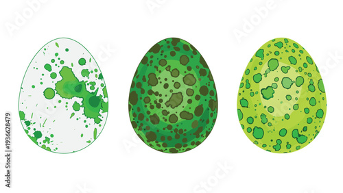 Three decorative bird eggs with different shades of green speckled patterns and splatters representing nature and spring season themes.